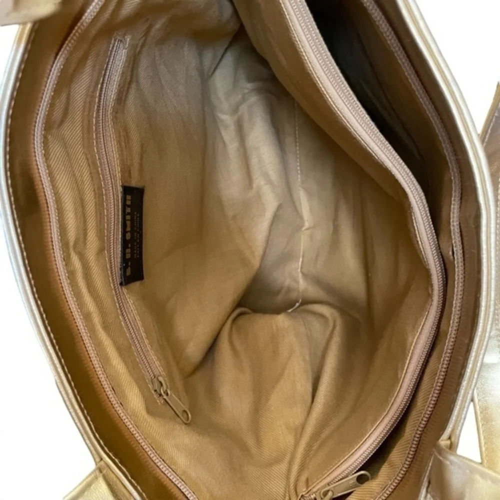 1990s BH Smith Gold Quilted Faux Leather Shoulder Bag Vintage Shopper Tote Purse